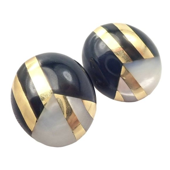 Authentic! Tiffany & Co Cummings 18k Yellow Gold Mother of Pearl Onyx Earrings - Picture 1 of 12